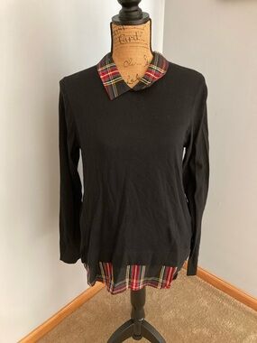 NWT - J. Crew Black Crewneck Sweater w/ Plaid Collar & Hem Women Size M